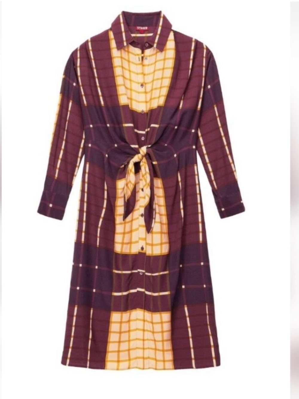 Staud Eclectic Prep Burgundy Mustard Plaid TieFront Midi Dress Dark Academia